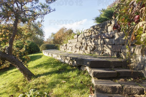 Cottage garden with stone stairs and retaining wall, Modern landscape design