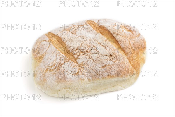 Fresh homemade golden bread with flour isolated on white background. side view, close up