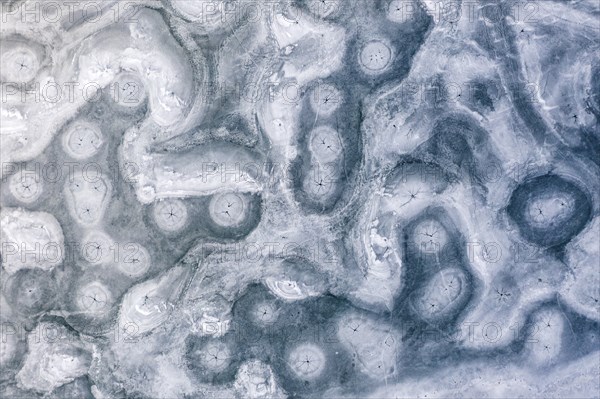 Aerial view of ice formations on a frozen lake, winter, Riegsee, Alpine foothills, Upper Bavaria,