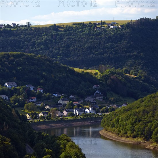 Elevated view of the river Our with the village of Stolzembourg, Our National Park, Ardennes,