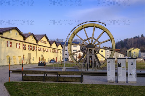 Water wheel, Salinenpark, Traunstein, Chiemgau, Upper Bavaria, Bavaria, Germany, Europe