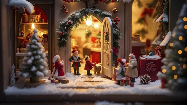 Traditional advent calendar door opening, showing a tiny festive scene inside with miniature