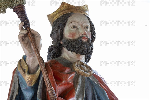 Head of Christ, detail of the palm donkey on a white background, wooden figure from around 1470,
