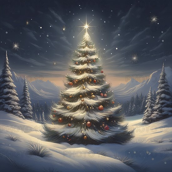 Illustration of a Christmas tree in a snowy winter landscape at night, AI-generated image, AI