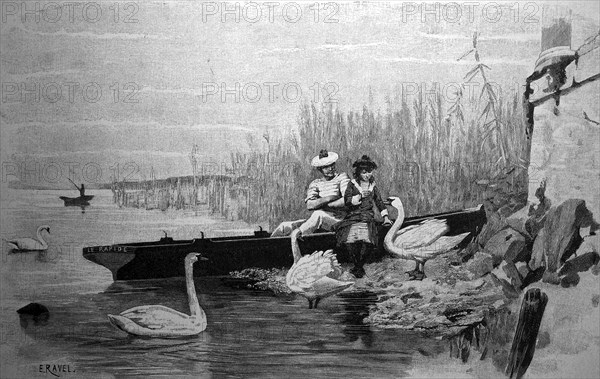 Couple feeding swans after a trip in a rowing boat, illustration from 1887, historical, digital