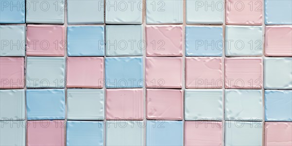 Banner with small pastel blue and pink colored tiles. Generative Ai, AI generated