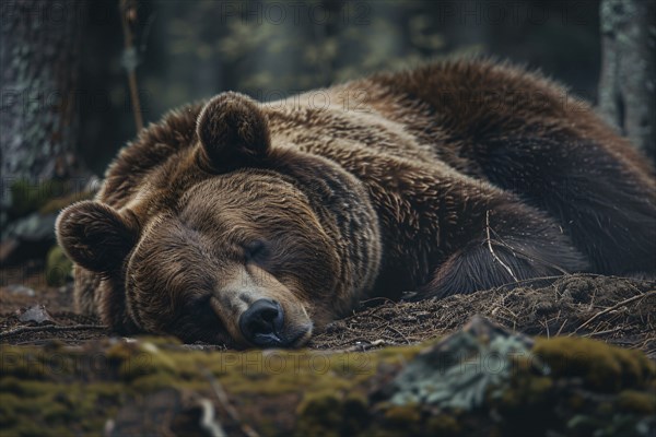 Grizzly bear sleeping on forest ground. Generative Ai, AI generated