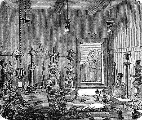 Interior of a fetish temple of the Ashanti tribe, West African ethnic group in the south of Ghana,