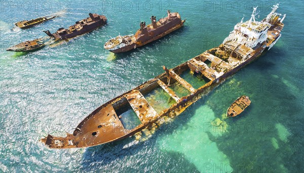 Abandoned, rusty shipwrecks in blue seawater showing destruction and decay, symbol photo, AI