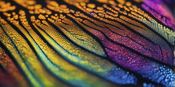 Vibrant butterfly wing with iridescent scales and network of veins, AI generated
