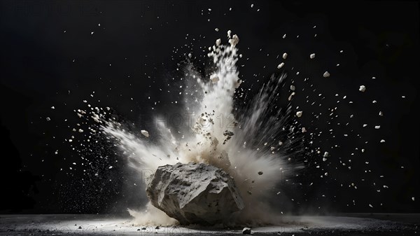 Rock stone explosion on a black background with cascading dust, AI generated