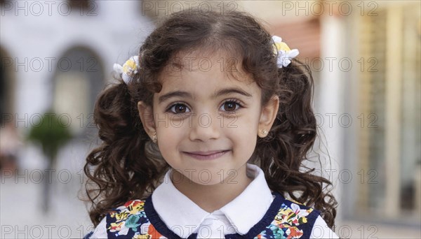 A little girl with pigtails and a floral dress smiles innocently into the camera, showing pure joy