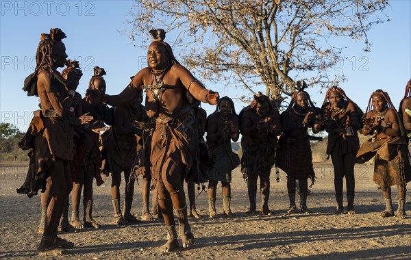 Group of traditional Himba woman standing in a semi-circle, clapping and dancing, music and dance,