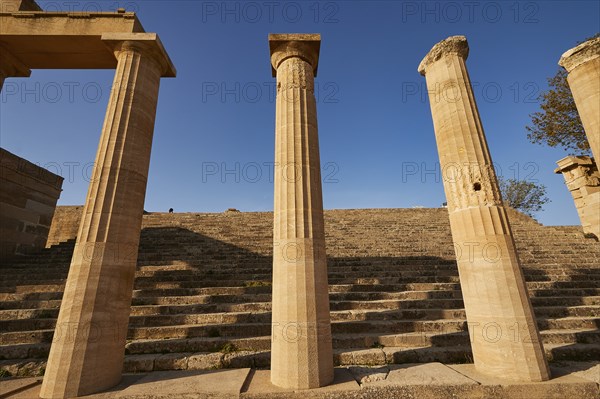 Acropolis of Lindos, morning light, Propylaea with open staircase, Lindos, Rhodes, Dodecanese,