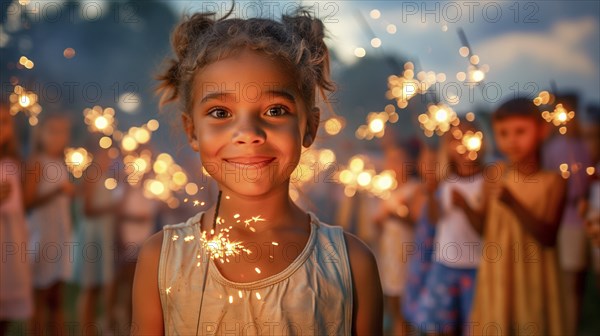 Cute children celebrating with fun sparklers. generative AI, AI generated