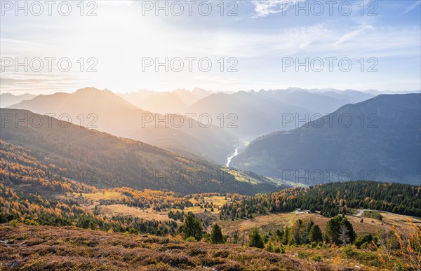 View of the mountain panorama and the Upper Inn Valley in the morning light, Krahberg on the Venet