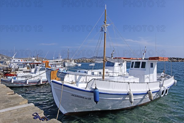 Fishing boats in the harbour of Noussa, Paros Island, Cyclades, Greece, Europe