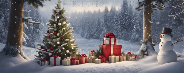 Peaceful and serene Christmas scene with a decorated Christmas tree with gifts presents and a cute