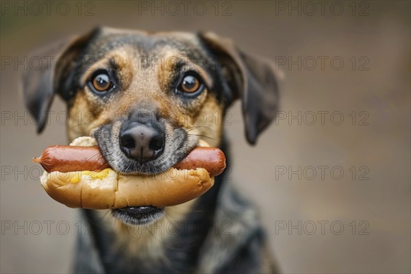 Dog holding hot dog with bread bun and sausage in mouth. Generative Ai, AI generated