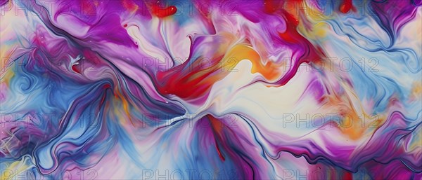 Abstract painting with fluid swirling pastel colors of magenta, blue, red, orange and yellow, AI