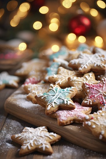 A detailed shot of Christmas cookies on a wooden table, featuring star-shaped cookies with colorful