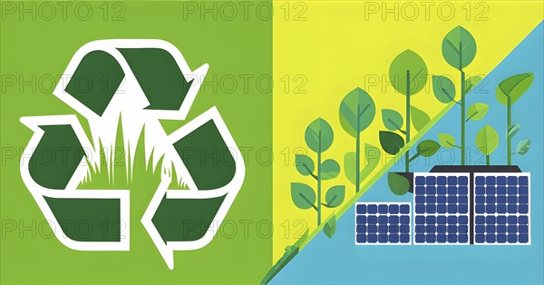 Recycling symbol morphing into growing plants and solar cells to symbolize the transformation of