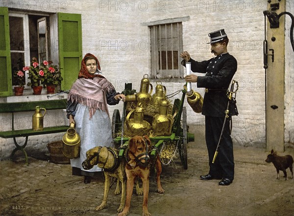 Milk seller with a cart pulled by dogs, Control, Brussels, Belgium, ca 1895, Historic, digitally