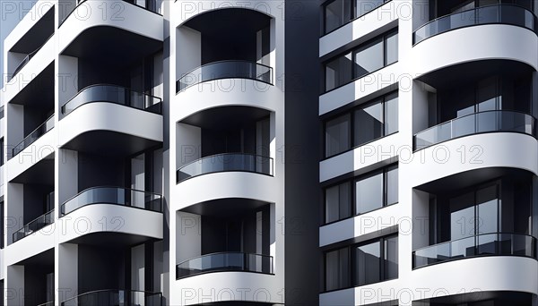 Rendering of a modern real estate apartment building in clean geometric forms in black and white,