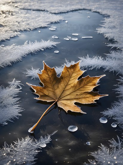 Delicate leaf resting on the surface of a frozen puddle, with intricate ice crystals forming