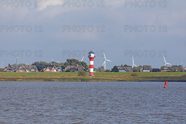 Lighthouse, thatched roof houses, wind power plants, Glückstadt, Elbe, Schleswig-Holstein, Germany,