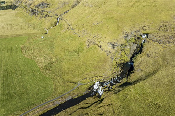 Aerial view of waterfall Gluggafoss (Merkjárfoss), Fljotsdalur valley, southern coast near