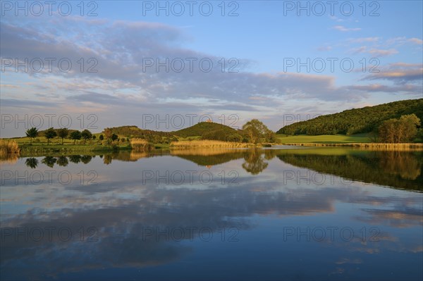 Lake with reflection in spring with castle at sunset, Veste Wachsenburg, Amt Wachsenburg, Drei