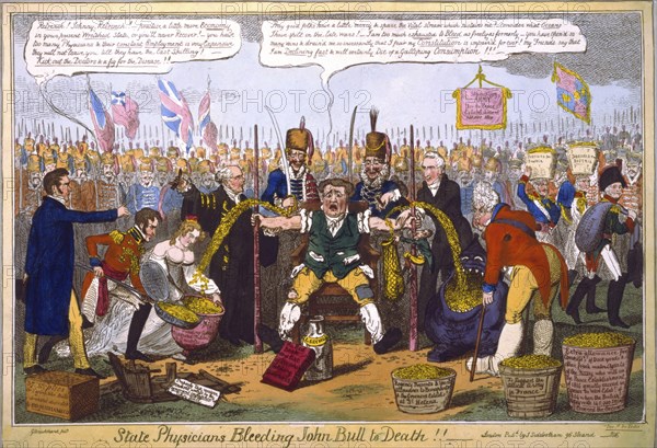 State physicians let John Bull bleed to death, caricature by G. Cruikshank 1816, from left: Lord