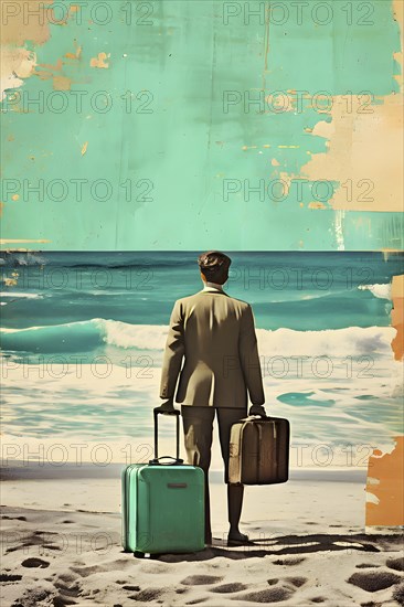 Vintage collage of a tourist with suitcase on a beach symbolizing vacation, AI generated