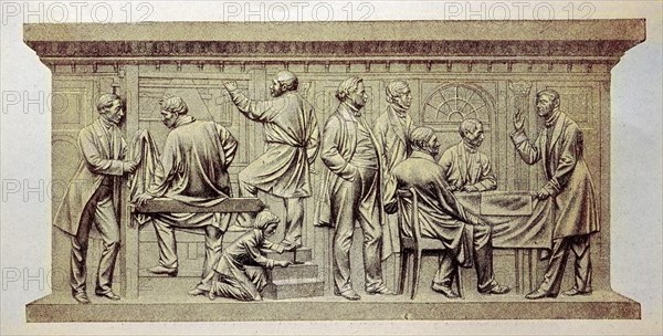 In a weaving mill, a relief by Friedrich Drake on the monument to Beuths zu Kiss in Berlin,