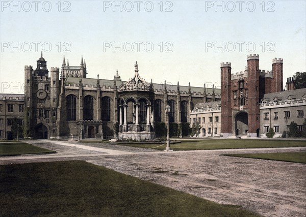 The Trinity College at Cambridge in England, Historical, digitally restored reproduction from a