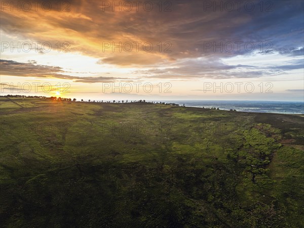 Sunset over Cod Beck Reservoir from a drone, North York Moors National Park, North Yorkshire,