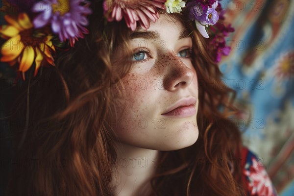 Young beautiful woman with long wavy hair with flowers. KI generiert, generiert, AI generated