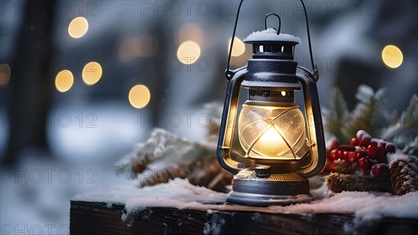 Vintage-style Christmas lantern hanging on a rustic post, covered in frost and surrounded by
