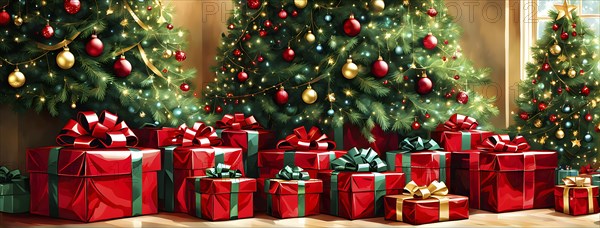Abstract illustration of wrapped Christmas gifts, shiny ribbons and bows, stacked under a evergreen