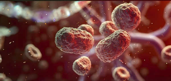 Three dimensional render of a tuberculosis bacteria in an organism, AI generated