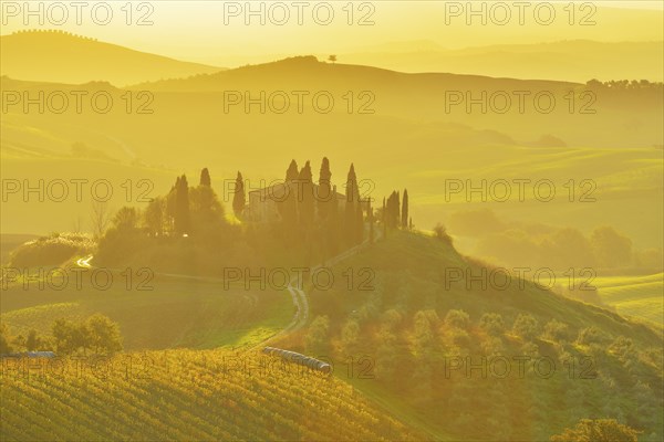 A beautiful countryside scene with rolling hills bathed in golden morning light, featuring a