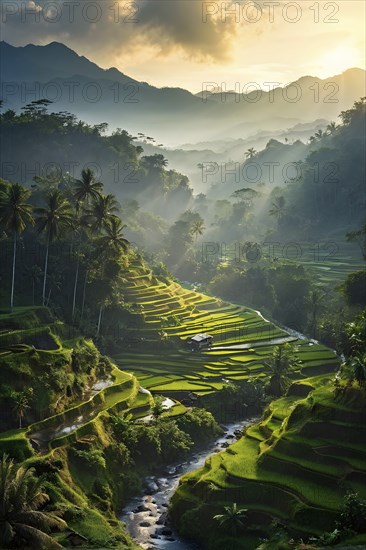Early morning light bathes Philippines rice terraces cascading down mountain slopes, AI generated
