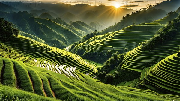 Early morning light bathes Philippines rice terraces cascading down mountain slopes, AI generated