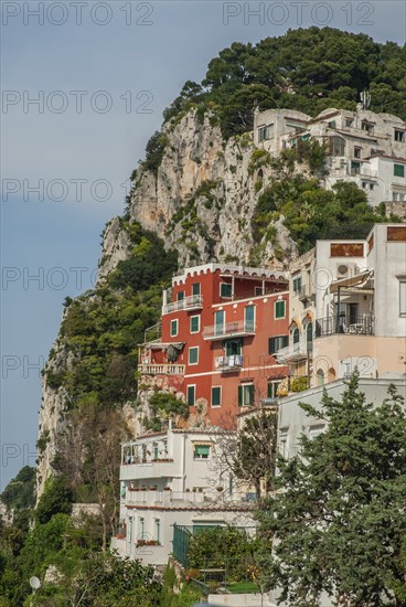 Houses up the mountain in Capri town, Capri island, Campania, Italy, Europe