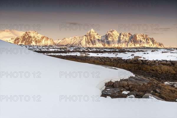 Winter landscape, Rugged mountains, Lofoten island Vestvågøya at the fjord Gimsøystraumen, Lofoten,