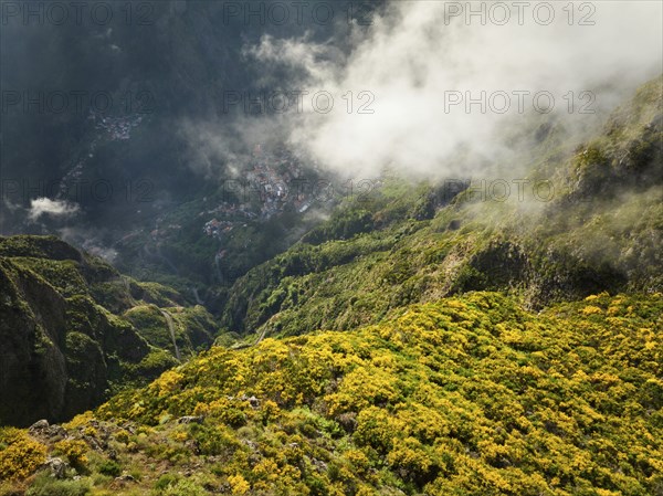 Aerial drone view of Curral das Freiras village from Miradouros do Paredao with blooming yellow