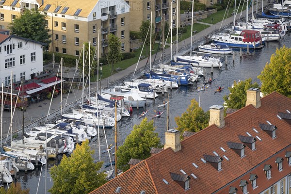 View from the Vor Frelsers Kirke to moored sailing boats, Christianshavn Canal, Christianshavn