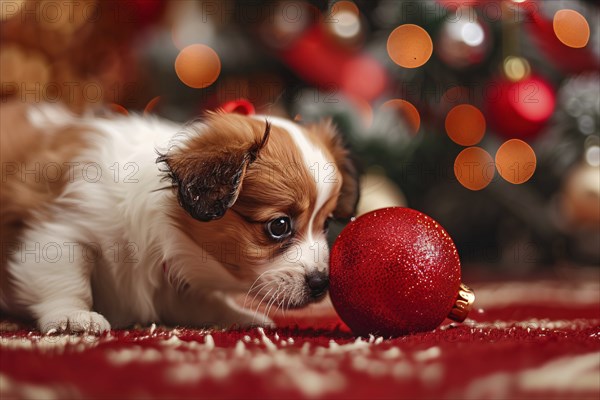 Curious dog puppy playing with red Christmas tree bauble. Generative AI, AI generated