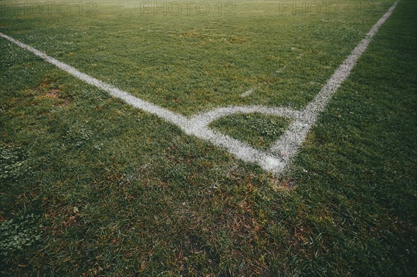 Lawn of a football pitch with marking lines, empty atmosphere, corner of the football pitch